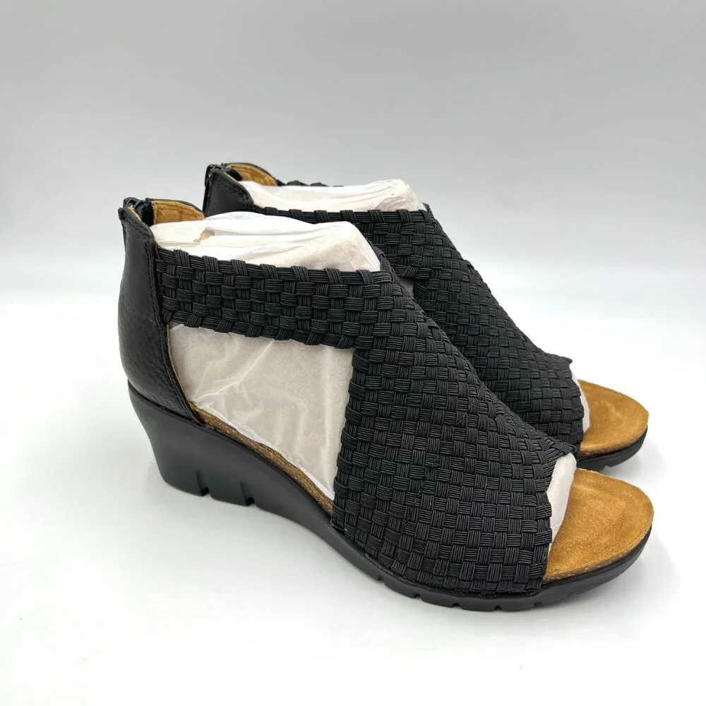 Comfortiva Womens Size 6.5 Black Leather Textile Woven Wedges Sandals Shoes